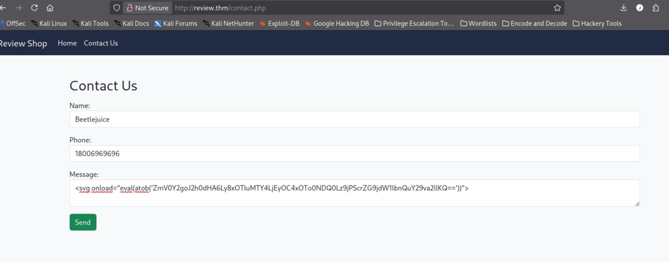 SVG onload payload submitted to review form